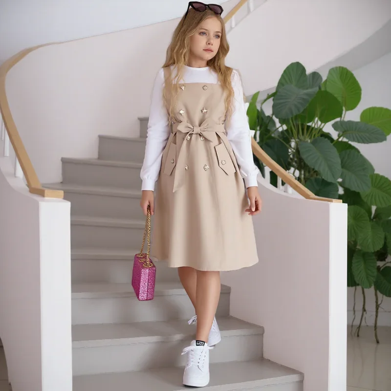 Vestido caqui escolar manga larga para niñas – Retro británico fiestas - imagen 3