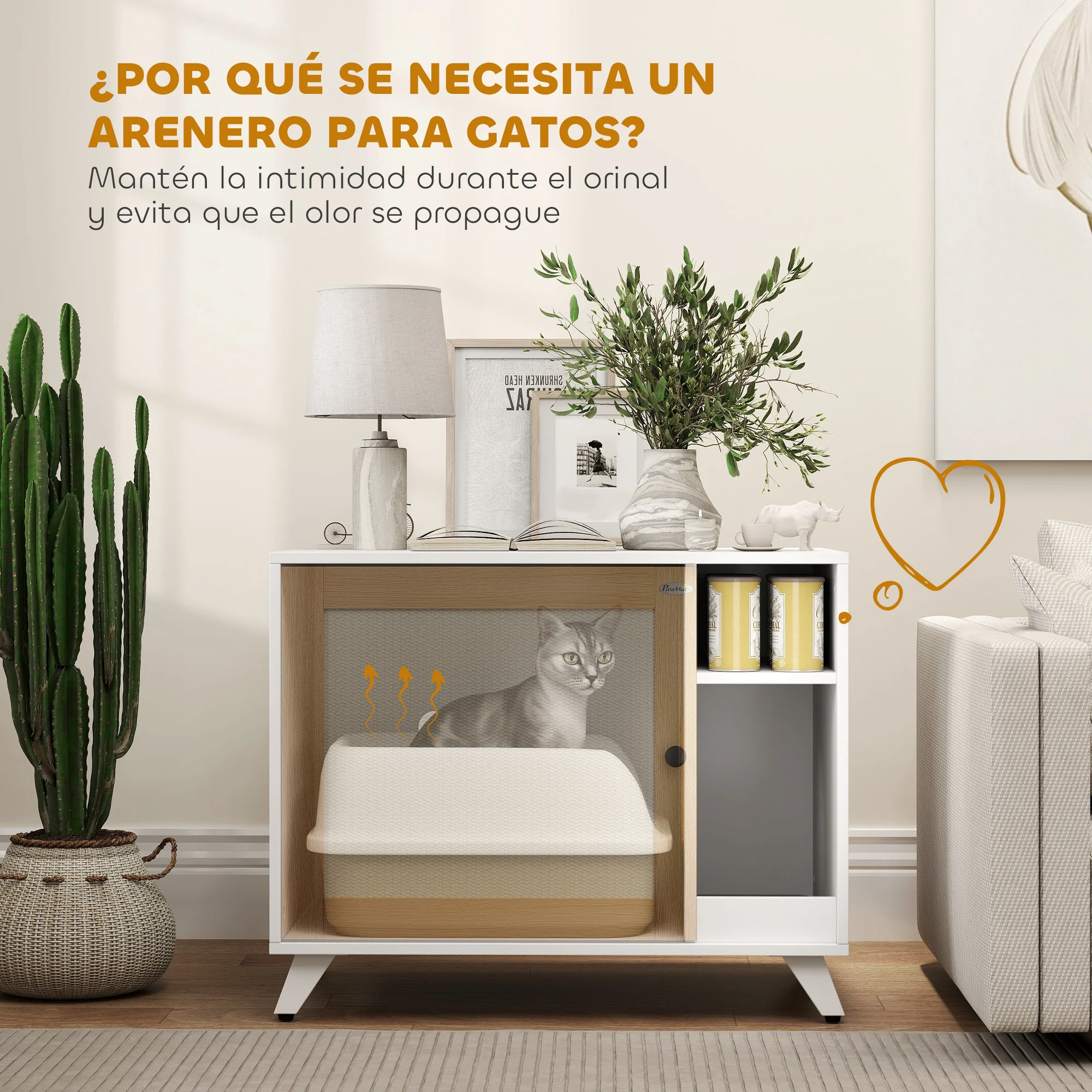 PawHut Mueble Arenero para Gatos Caja de Arena para Gatos con Puerta con Almohadilla para Rascar y Compartimento Arenero para Gatos para Salón Dormitorio 77x50x63 cm Blanco - imagen 5