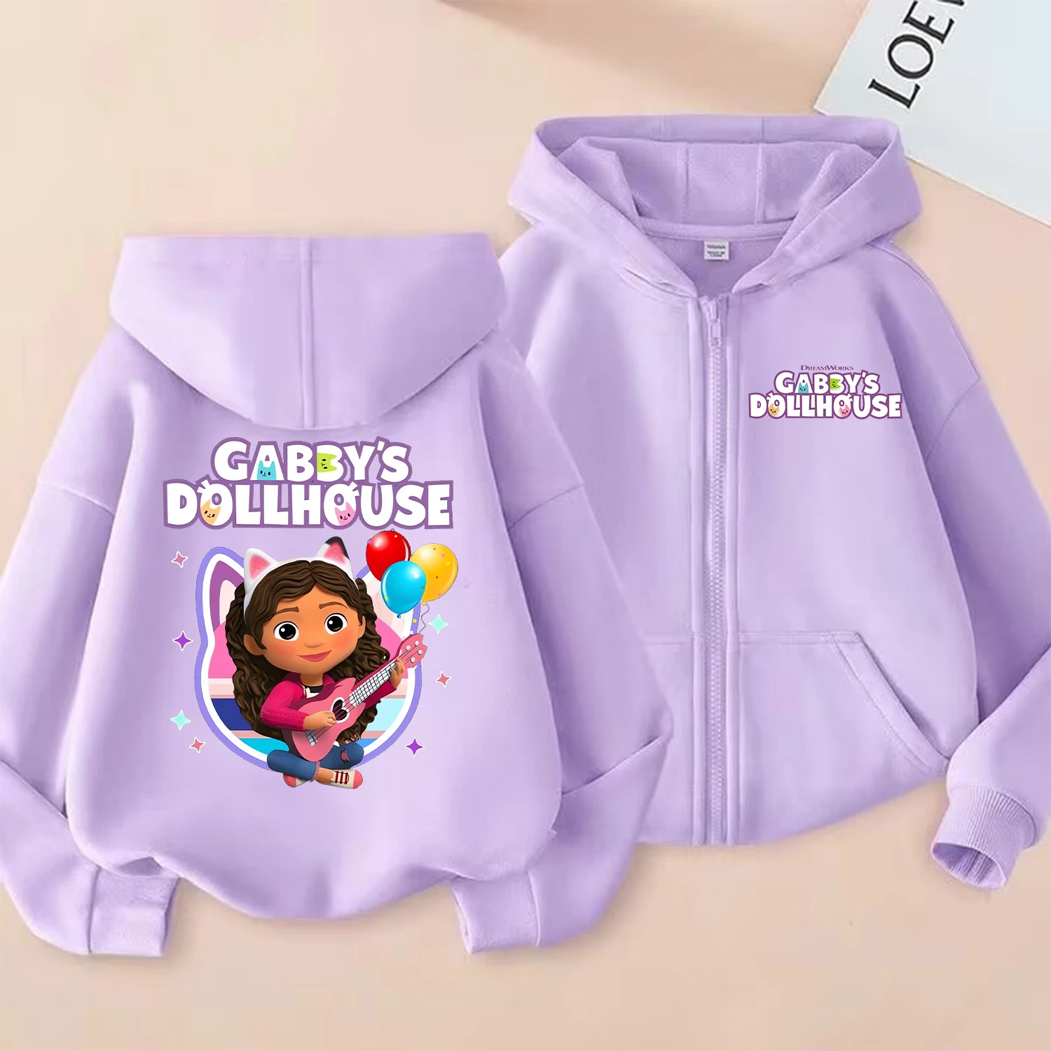 Gabby Dollhouse Sudadera con capucha y cremallera para niñas, abrigo de dibujos animados, ropa de Anime a la moda, chaqueta con capucha de otoño púrpura, sudadera Kawaii para niños, regalo - imagen 3