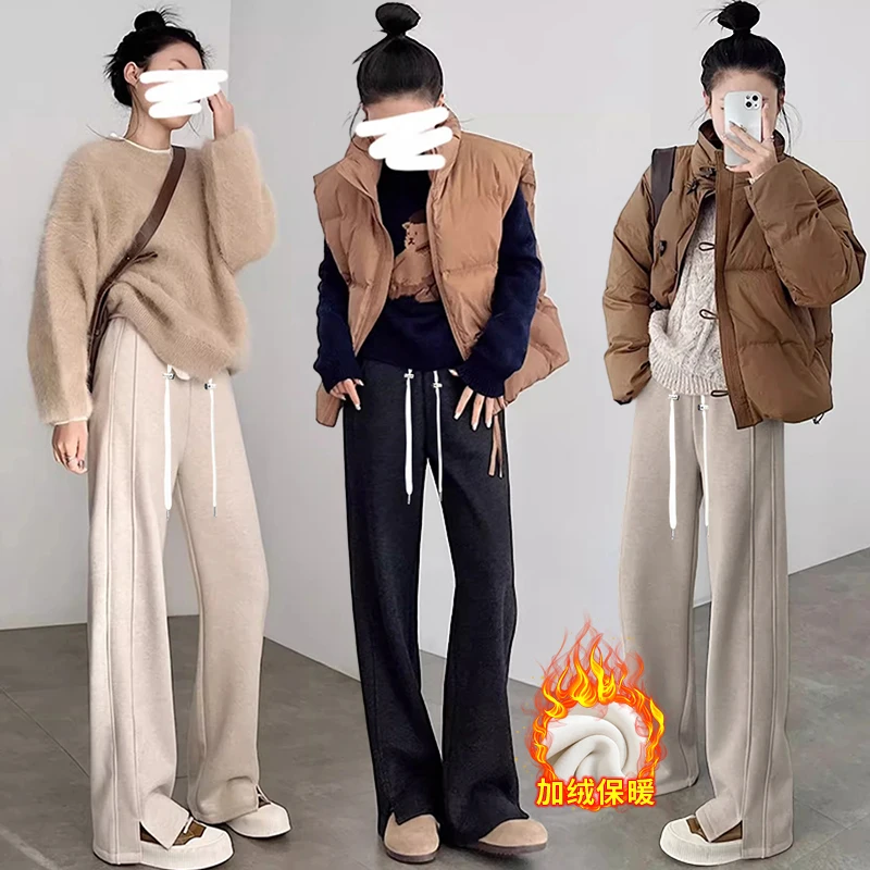 Pantalones premamá de felpa con pierna ancha para invierno