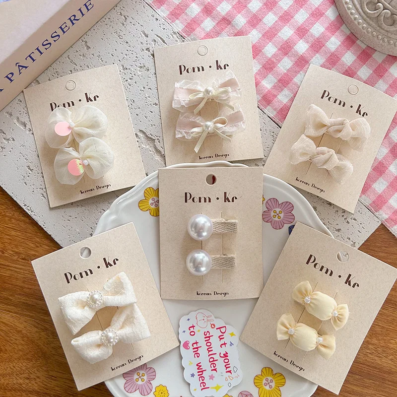 2 unids/set de pinzas para el cabello para bebés y niños, Clip con lazo de encaje de perlas, diseño trasero para bebés, accesorios para el cabello de princesa coreana