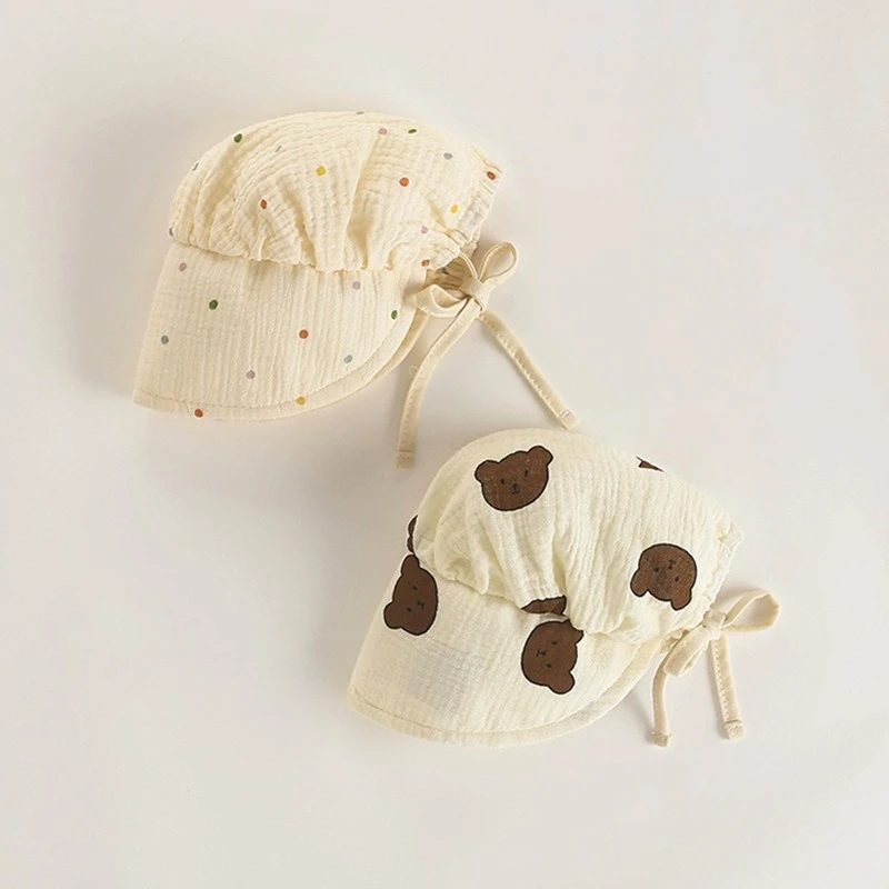 Gorro de bebé coreano con bonito oso para primavera/verano, protección solar de ala ancha, gorro con orejeras de gasa de algodón fino, transpirable y suave - imagen 2