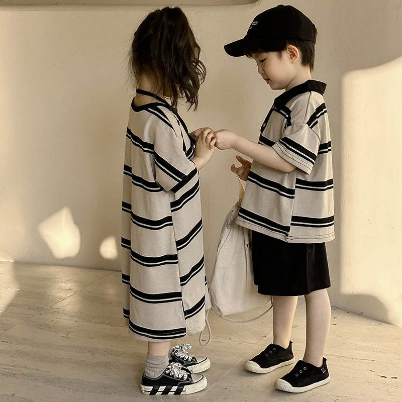 Ropa de hermano y hermana, vestido holgado a rayas para niñas o niños, camiseta de manga corta, pantalones cortos, conjunto para niños - imagen 3
