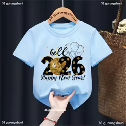 Camiseta con estampado de Feliz Año Nuevo de Big Brother 2026, trajes para niños y niñas, ropa de fiesta para niños, camisetas azules de manga corta
