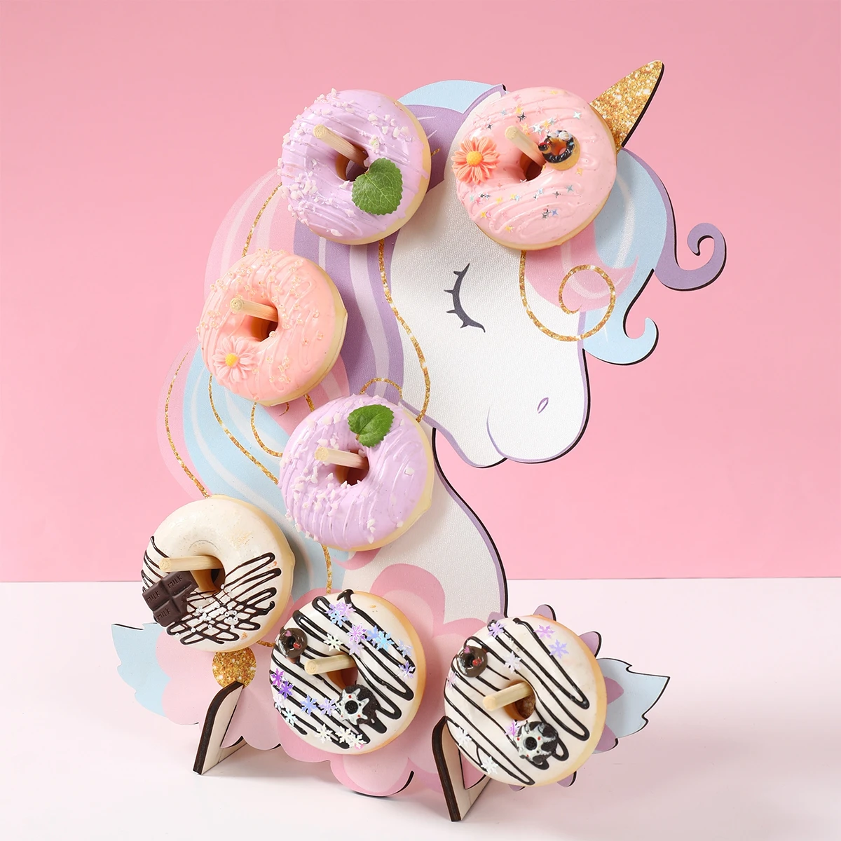 Soporte de Donut de madera con forma de unicornio, decoración para fiesta de cumpleaños, suministros para fiesta de Donut, suministros para fiesta de boda y cumpleaños, decoración de mesa - imagen 2