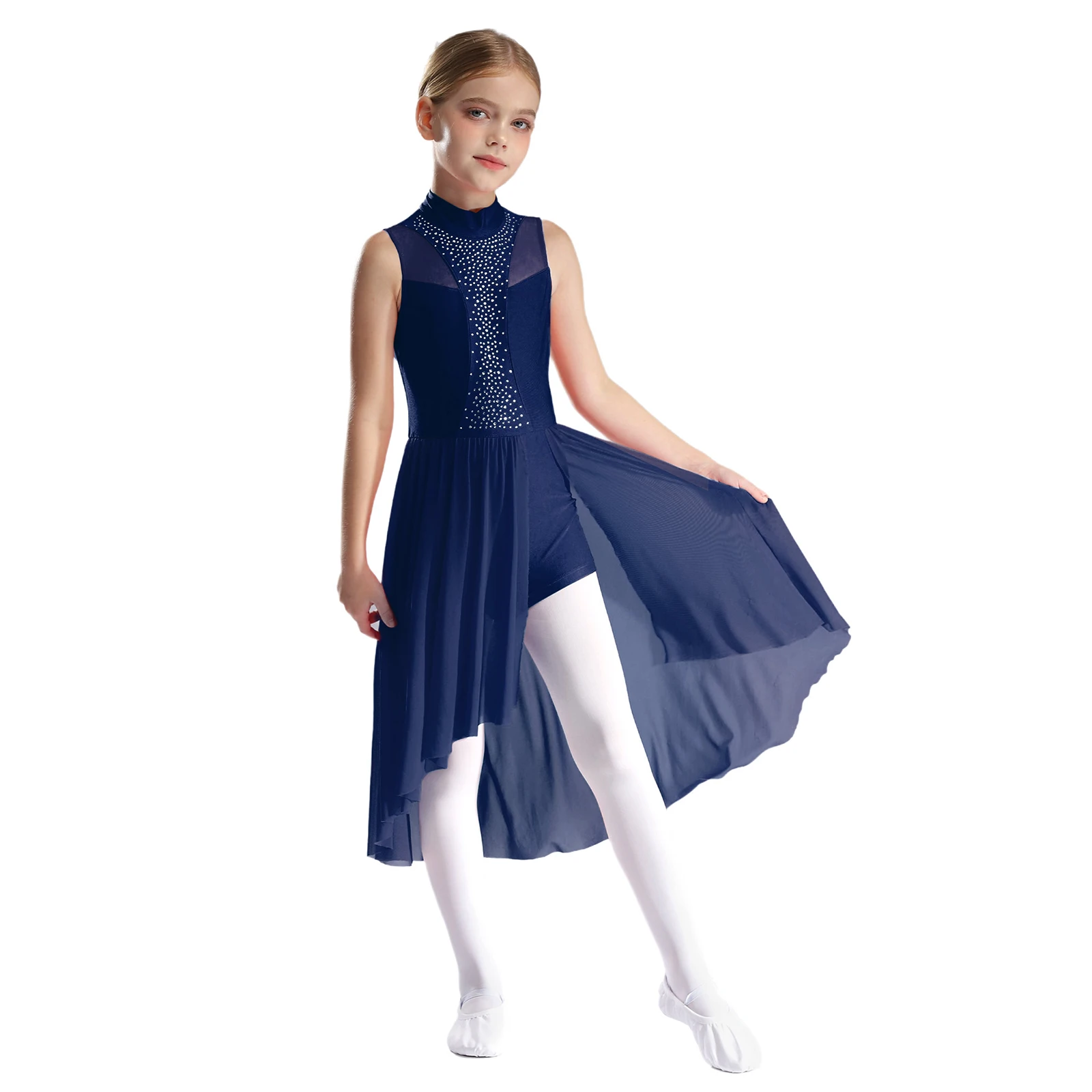 Vestido de leotardo de gimnasia para patinaje artístico de Ballet para niñas, sin mangas, recortado en la espalda, dobladillo asimétrico con abertura lateral, Ropa de baile lírico - imagen 3
