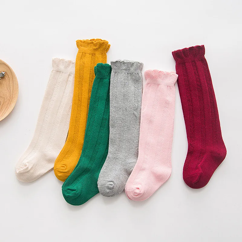Primavera otoño niñas algodón hasta la rodilla calcetines largos para niños pequeños Kawaii Color caramelo volantes encaje medias con volantes - imagen 5