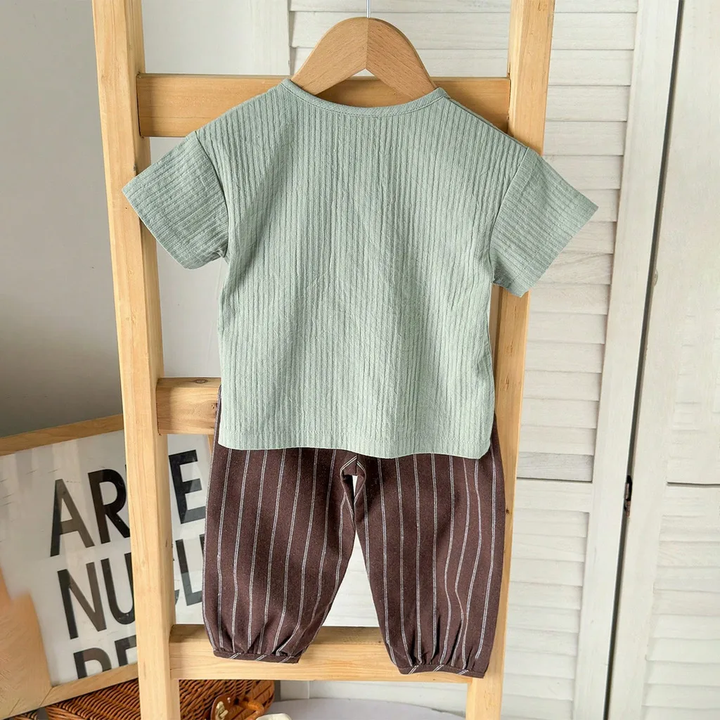 Ropa para bebé, Top cómodo + Pantalones a rayas, conjunto de ropa informal de verano de 2 uds., ropa de estilo coreano para niños pequeños de 0 a 3 años - imagen 5