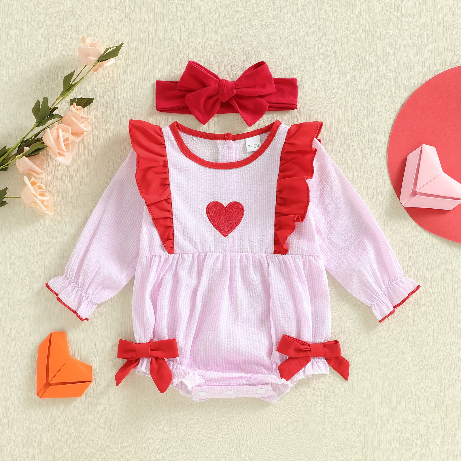 Tregren mameluco bebé niña San Valentín rayas corazón bordado diadema - imagen 5