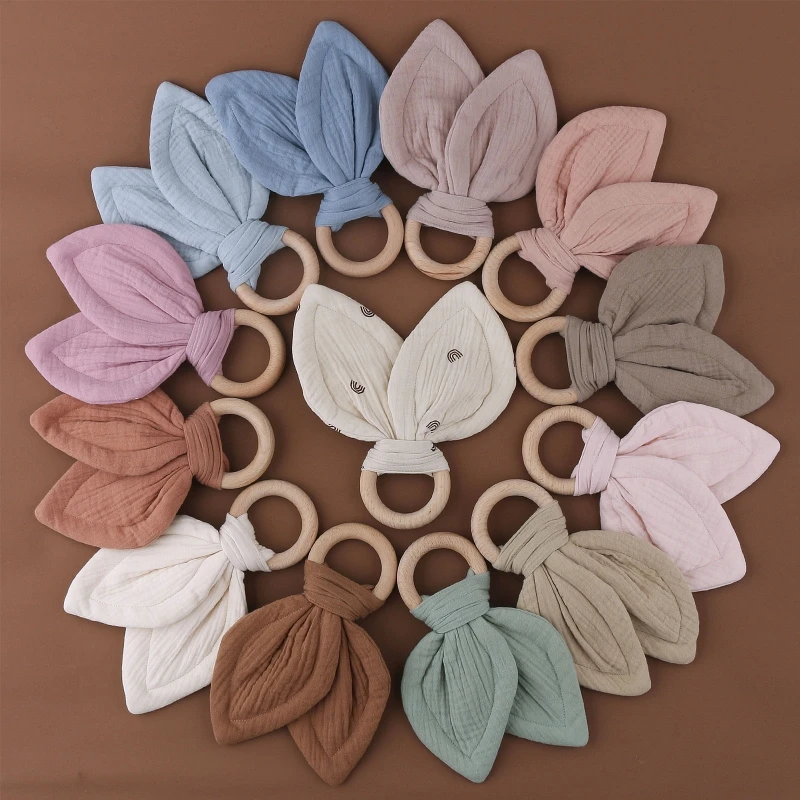 Mordedor de madera de haya Natural para bebé, sin BPA, de algodón, orejas de conejo, anillo de dentición para recién nacido, alivio del dolor de goma de roedores, sonajero sensorial Molar