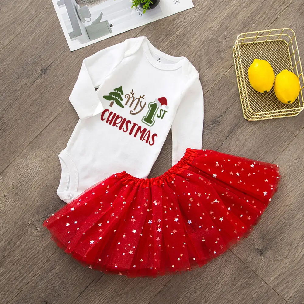 My 1st Christmas Body para bebé, conjunto de vestidos con forma de pastel, mono de manga larga para niñas, faldas tutú, ropa para niños pequeños, trajes de fiesta de Navidad - imagen 4