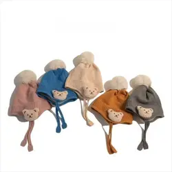 Gorro de punto suave de protección para bebé, gorro de punto de oso de dibujos animados, gorro de ganchillo cálido, gorro grueso y cálido con orejeras de oso de ganchillo para recién nacido