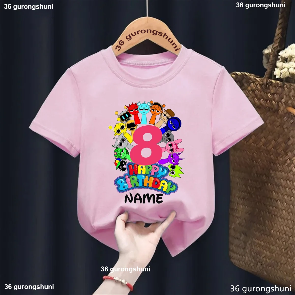 Camiseta con estampado de juego de personajes Sprunki de 8 cumpleaños con nombre personalizado, regalo de cumpleaños para niñas y niños, ropa Kawaii para niños, camiseta de verano