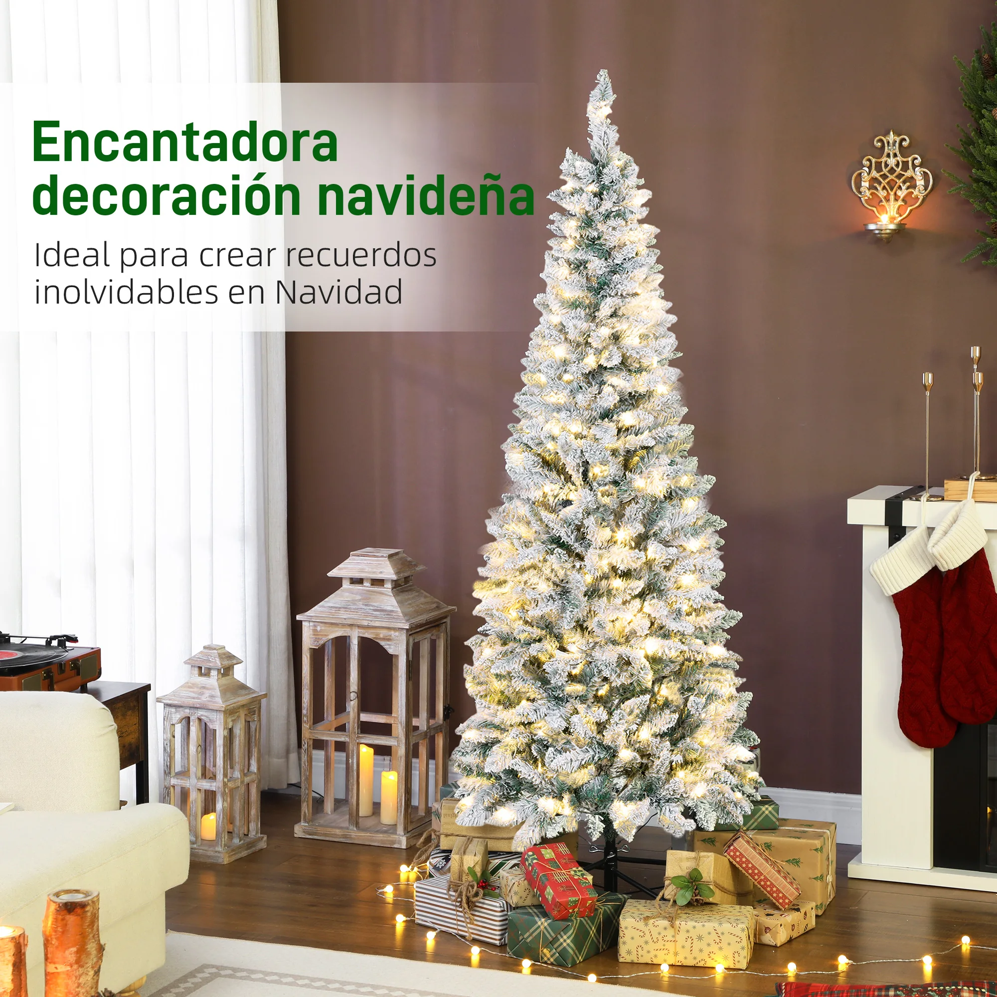 HOMCOM Árbol de Navidad Estrecho, Árbol de Navidad Nevado con Luces LED Bicolores, 11 Modos de Iluminación, Soporte Metálico, Fácil de Montar, Verde - imagen 5