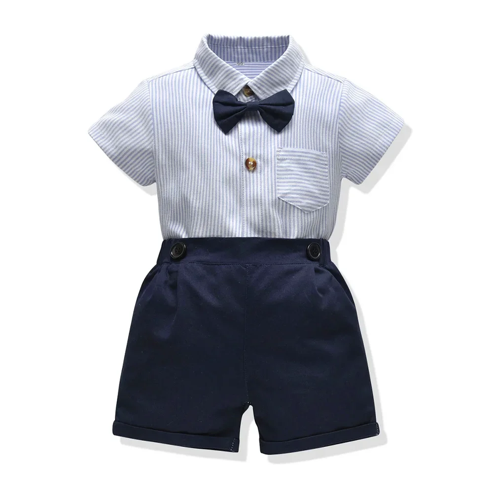 Conjunto de mamelucos de manga corta de verano para niño, camisa pelele de 70-100cm, conjunto de camisa a rayas informal y pantalones cortos para bebé - imagen 4