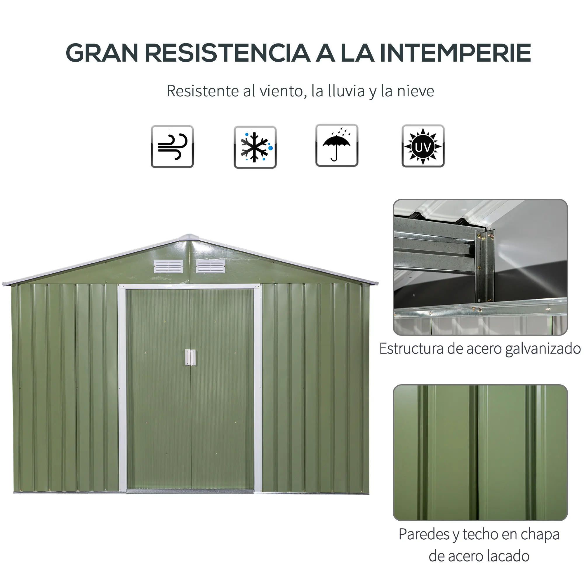 Outsunny Cobertizo de Jardín Exterior Caseta Metálica para Almacenamiento con Base y 4 Ventanas 4,9 m² 277x195x192 cm - imagen 4