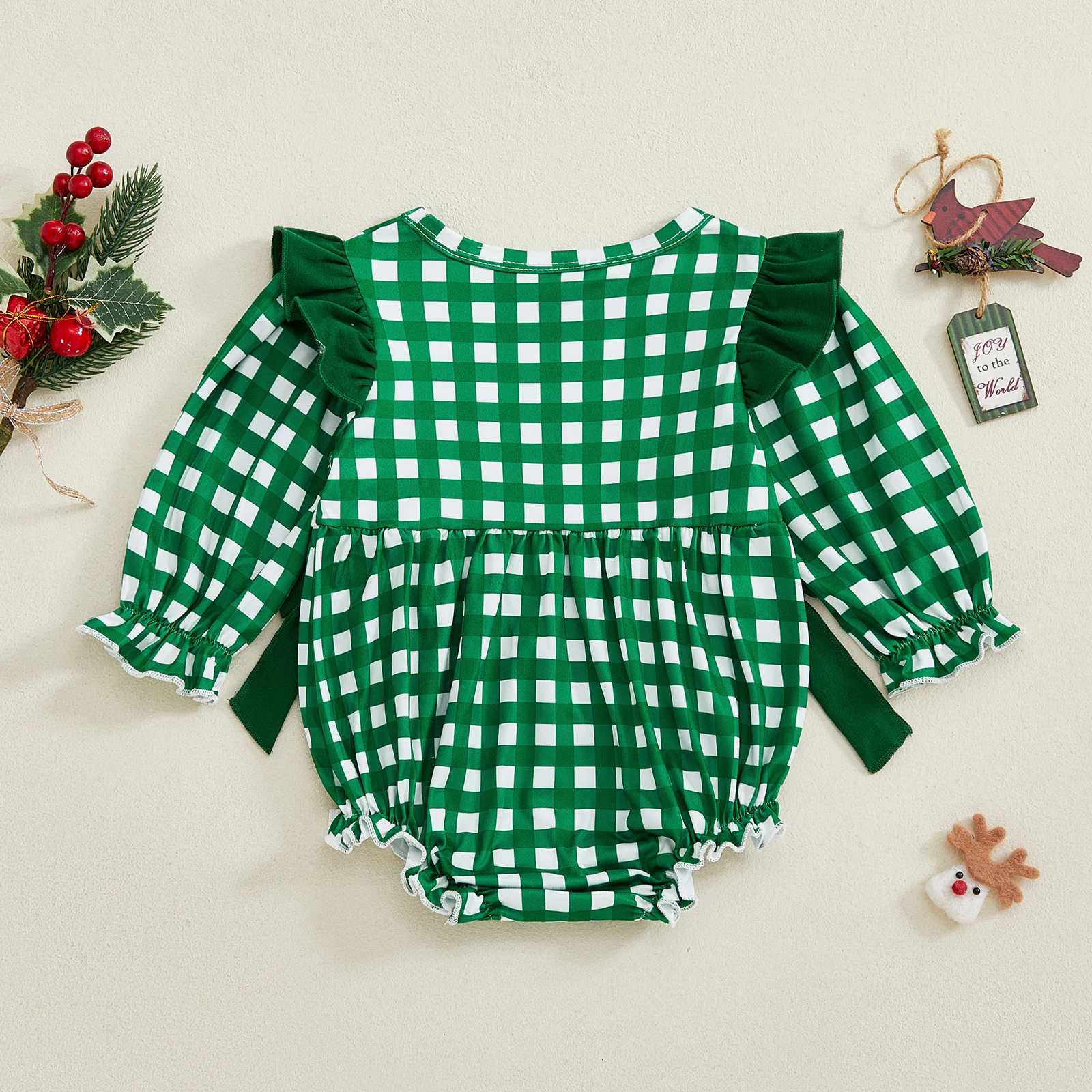 Mono navideño para niña de 0 a 24 meses, peleles con lazo y cuello redondo de manga larga con bordado de árbol y estampado a cuadros - imagen 3