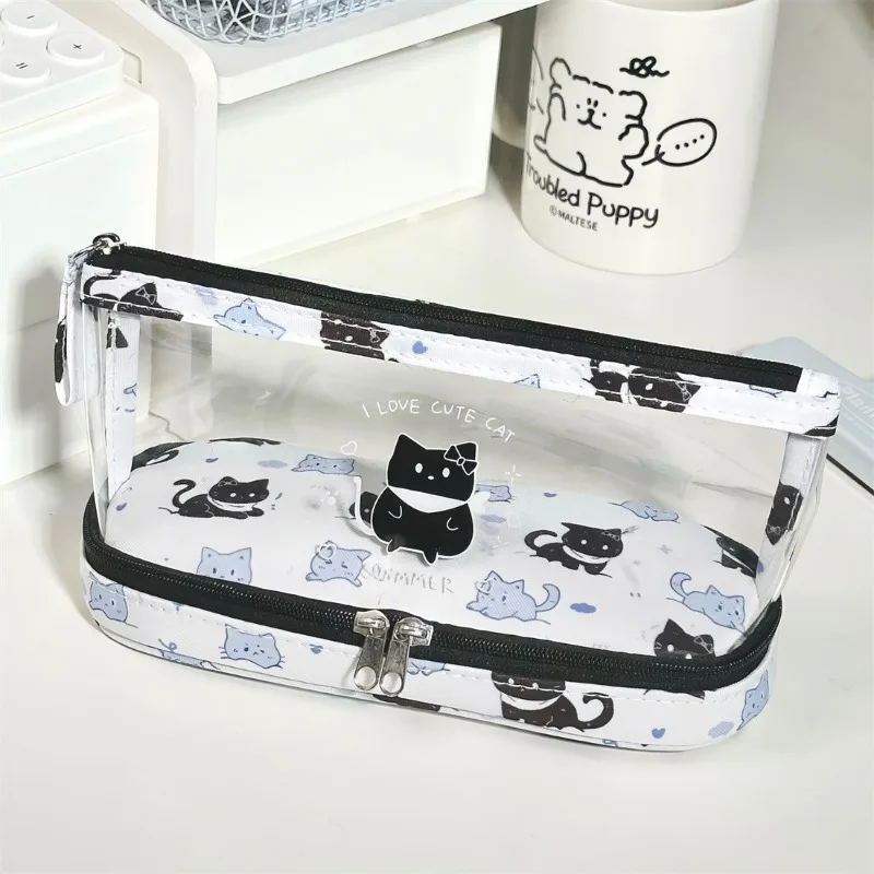 Bolsa transparente para bolígrafos de dibujos animados, estuche para lápices de doble capa con gato/cán, bolsa de almacenamiento de papelería multifuncional portátil para estudiantes - imagen 3
