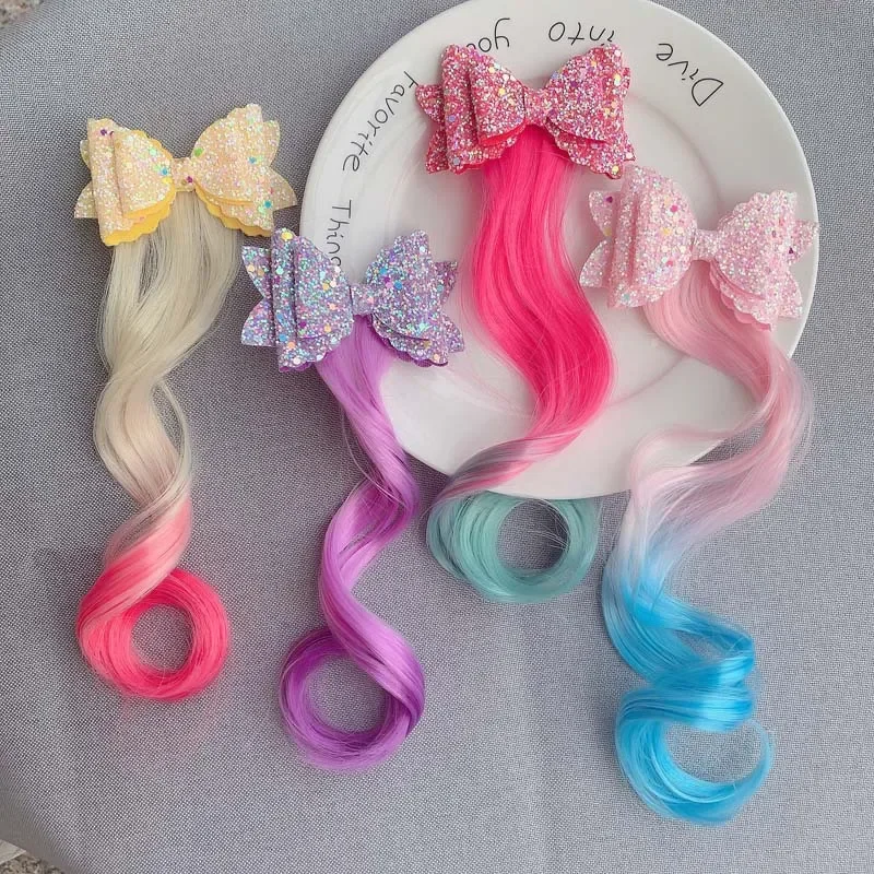 Pinza para el pelo con lazo de Color degradado, diademas para niñas de Estilo Princesa, pelucas coloridas para niñas, pinza para cola de caballo de unicornio de dibujos animados, regalo para niños - imagen 5