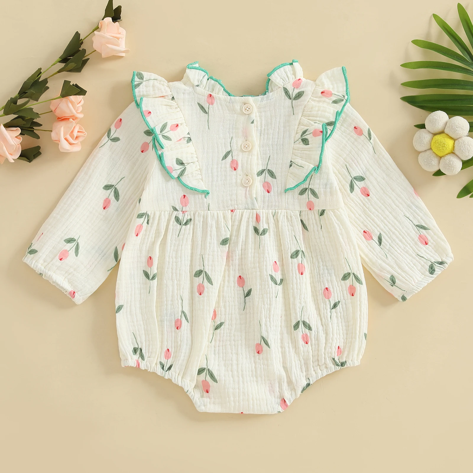 VISgogo Mameluco de otoño para niñas, monos informales de manga larga con volantes y estampado floral para recién nacidos, ropa de moda