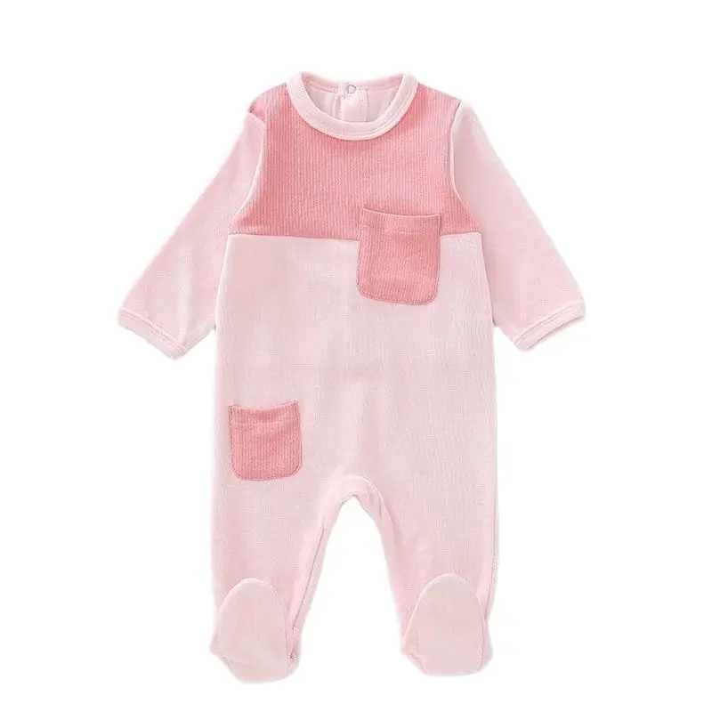Baby romper pyjamas round neck long sleeves children clothing pocket piece patched baby overalls ribbed baby  clothes rompers