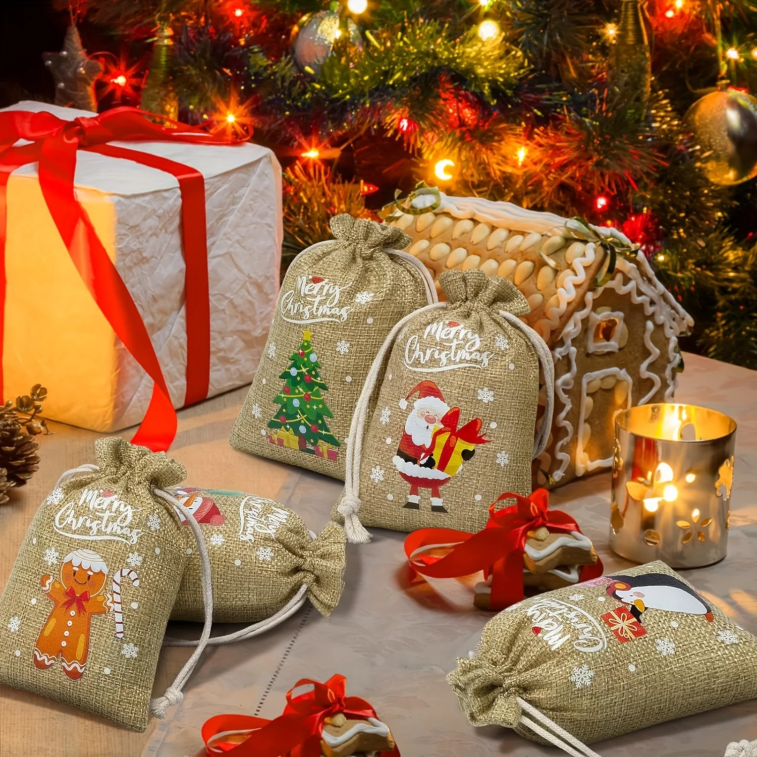 Bolsa de regalo de dulces de Navidad, bolsas de yute Natural con patrones de Papá Noel, bolsa con cordón de arpillera, embalaje de joyería, bolsa de regalo para fiesta, 12 Uds.