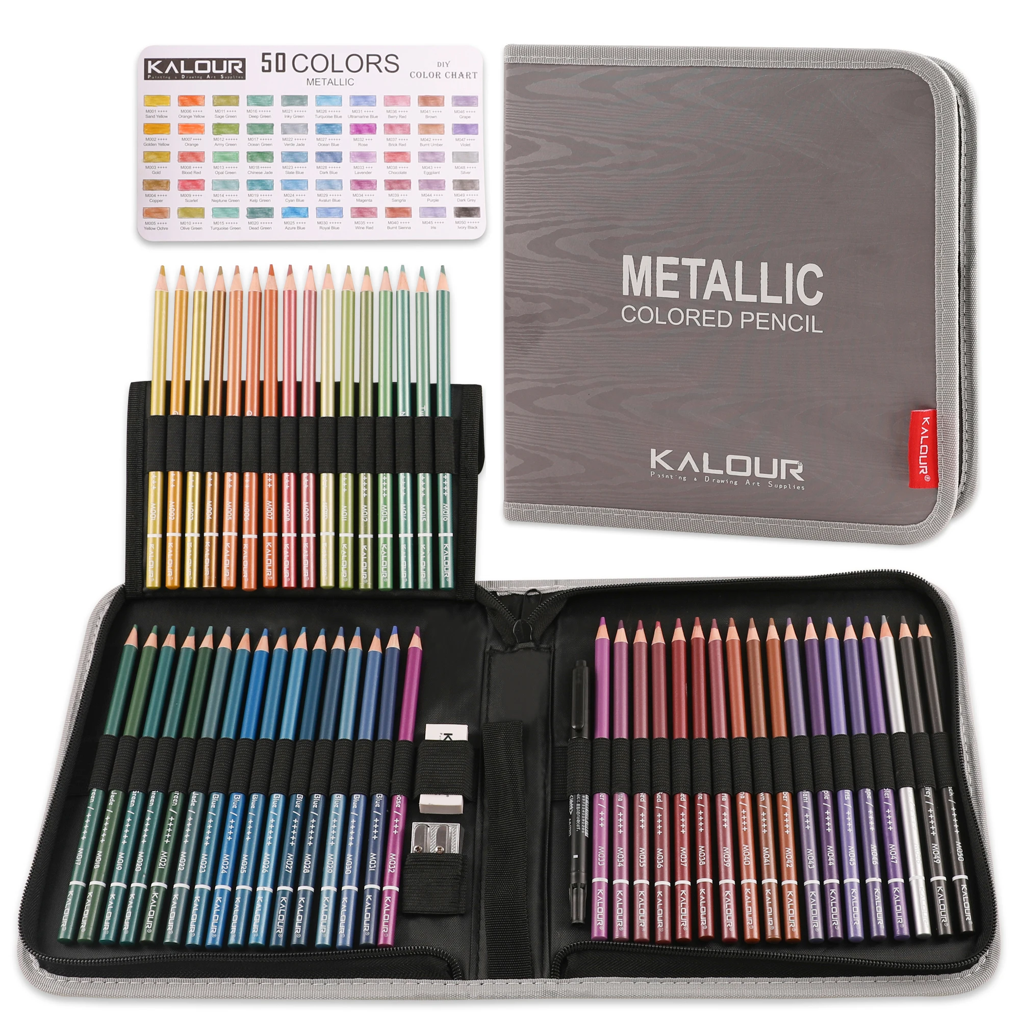 Lápices de colores KALOUR, suministros de arte para dibujar, colores vibrantes, núcleo suave, 54 Uds., 50 colores, lápiz de Color metálico en estuche de nailon con cremallera