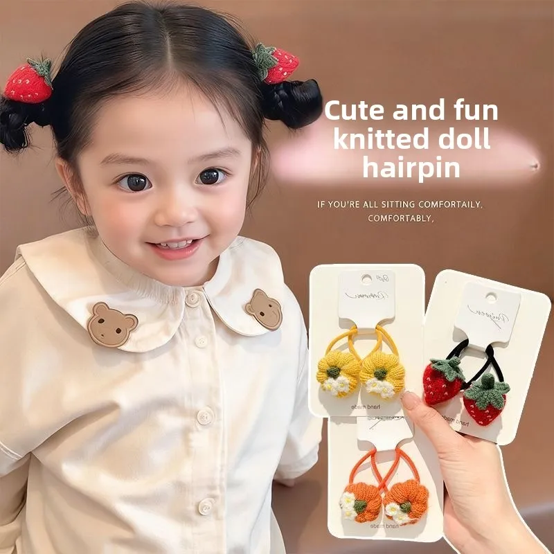 Lazos para el cabello de frutas tejidos para otoño/invierno para niñas pequeñas, lindas fresas/calabaza, suaves en el cabello, bandas elásticas suaves y versátiles para el cabello