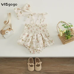 Mono floral de verano para niña sin mangas con volantes y diadema