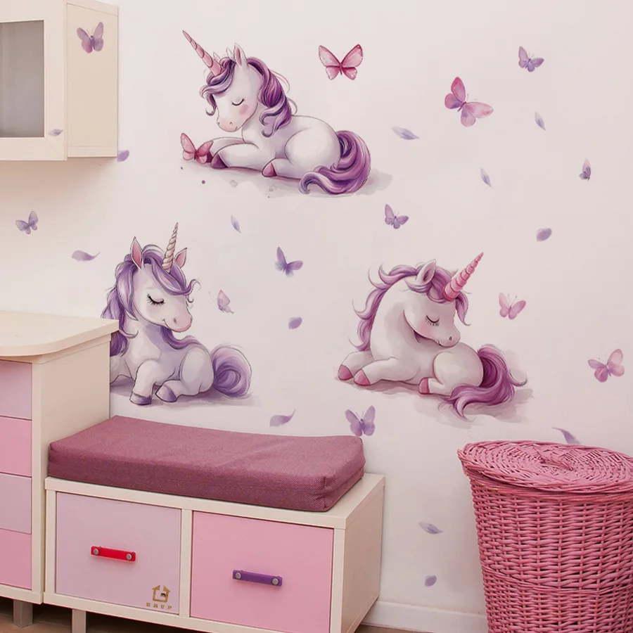Pegatinas de pared de unicornio de ensueño, pegatinas de pared autoadhesivas de dibujos animados de mariposa, pegatinas de decoración para dormitorio y habitación de niños - imagen 4