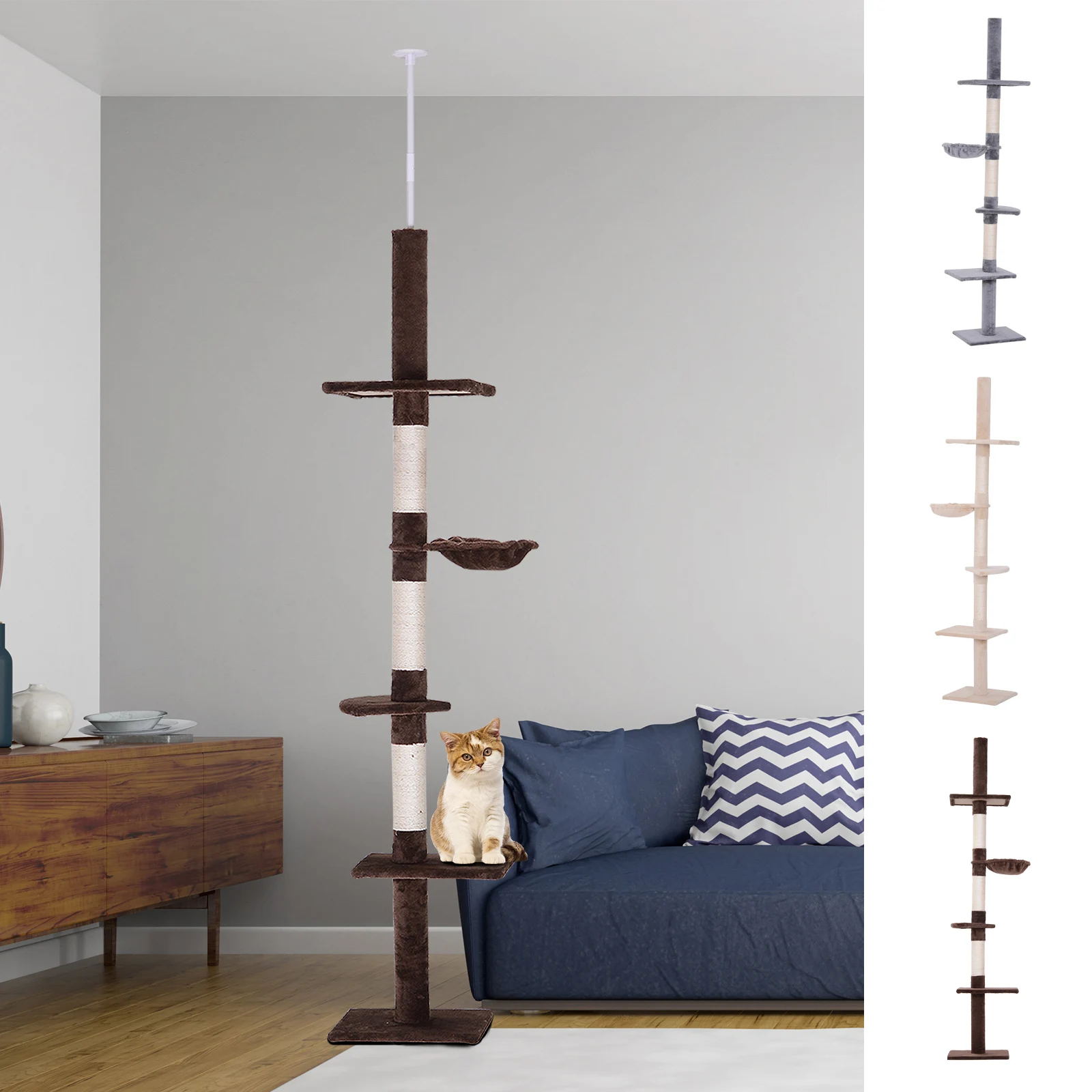 PawHut Árbol Rascador del Suelo al Techo 40x34x230-260 cm Árbol Escalador de Gato para Fijar al Techo Altura Ajustable con Plataformas Hamaca y Postes de Sisal Marrón