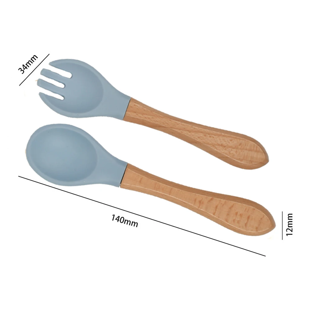 Tenedor cuchara de silicona con mango de madera para niños, juego de cuchara de alimentación de bebé suave y resistente a caídas, tenedor auxiliar para comida, 2 uds. - imagen 5