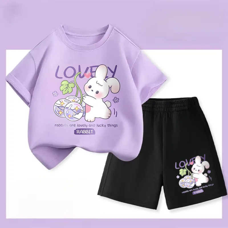 Novedad de verano, trajes informales para niñas, conjuntos de Top de manga corta para niños, camiseta con estampado de conejo bonito, pantalones cortos, traje de dos piezas - imagen 2