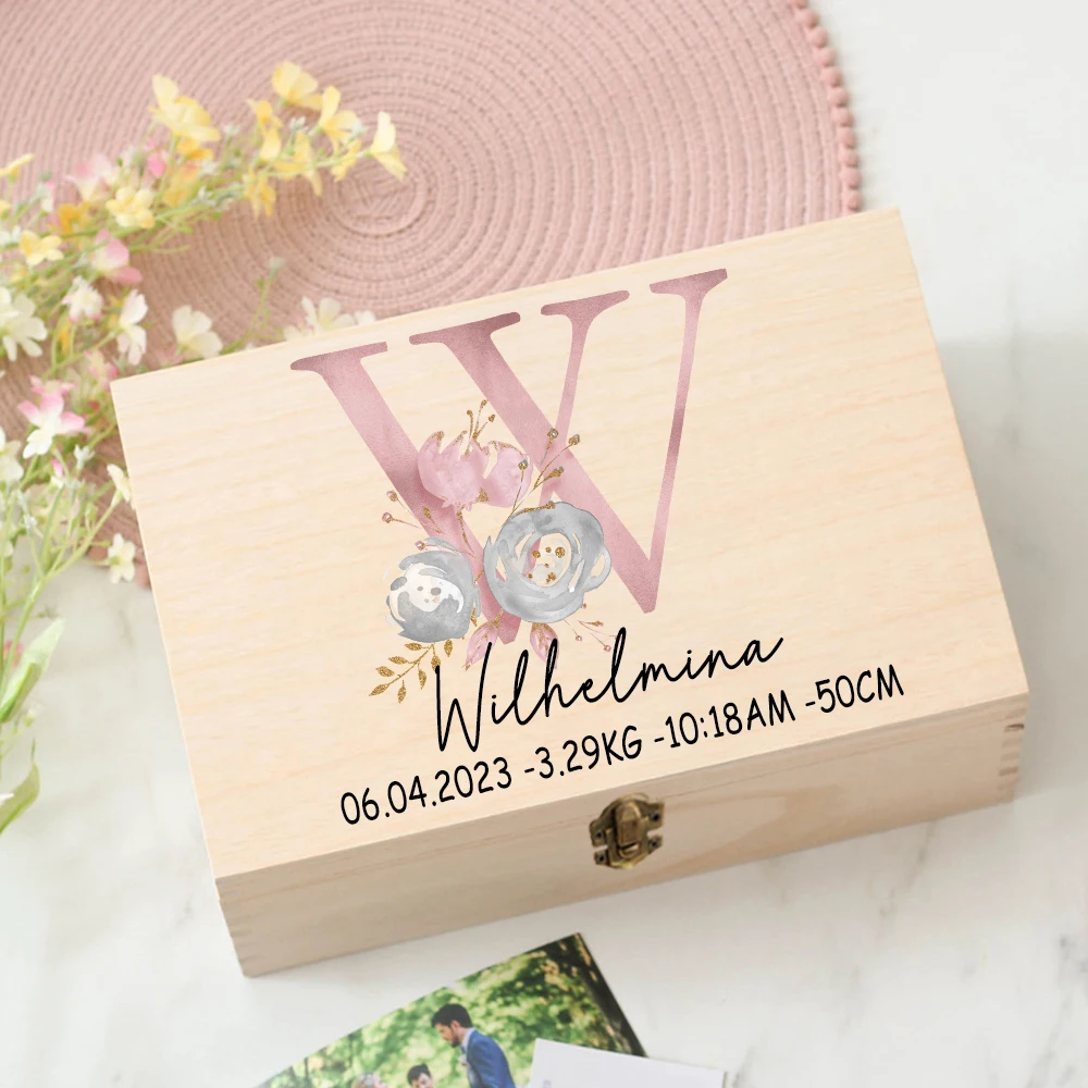 Caja de recuerdos de regalo personalizada para bebé, caja de memoria personalizada con estampado de letras y flores, caja de madera para regalo de ducha para recién nacido, caja de estadísticas de nacimiento para bebé - imagen 4