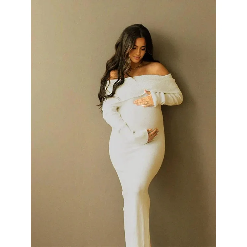 Vestido punto premamá para fotos – Hombros descubiertos, blanco - imagen 4