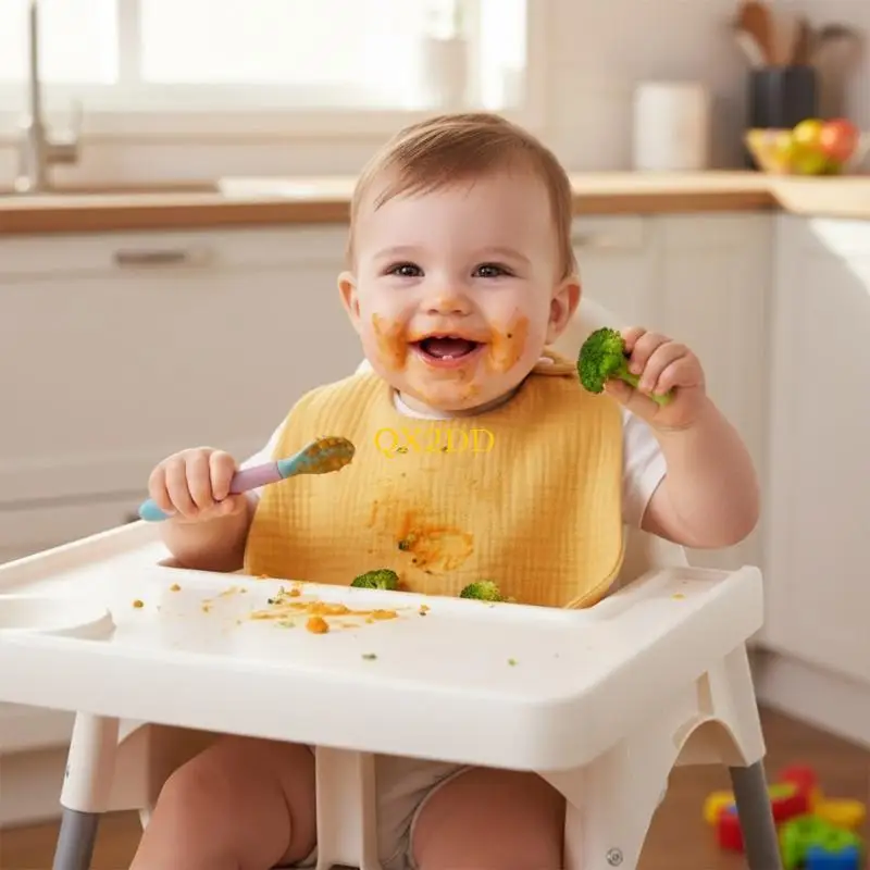 QX2D Babero lactancia para niños pequeños Delantal babero Babero alimentación Toalla saliva transpirable - imagen 4