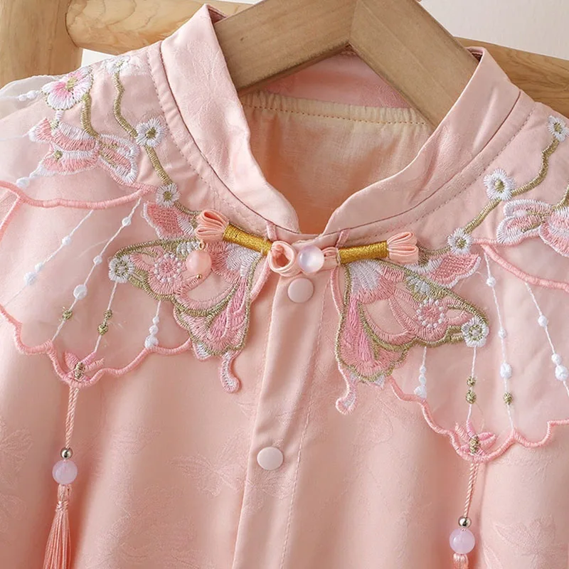 Mono de princesa manga larga rosa con bordados estilo chino y diadema - imagen 4