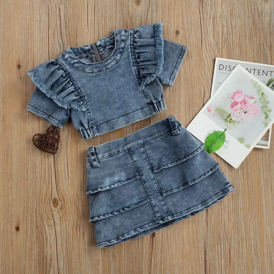 Ropa de verano para niños de 2 piezas, moda coreana para niñas, Tops azules de manga corta + falda, ropa de Boutique para bebés, conjuntos para niños BC442 - imagen 4