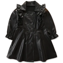 Ropa de abrigo para niña pequeña, abrigo de doble botonadura a la moda, chaqueta de cuero PU negro, Tops para bebé BC057, primavera y otoño, 2024