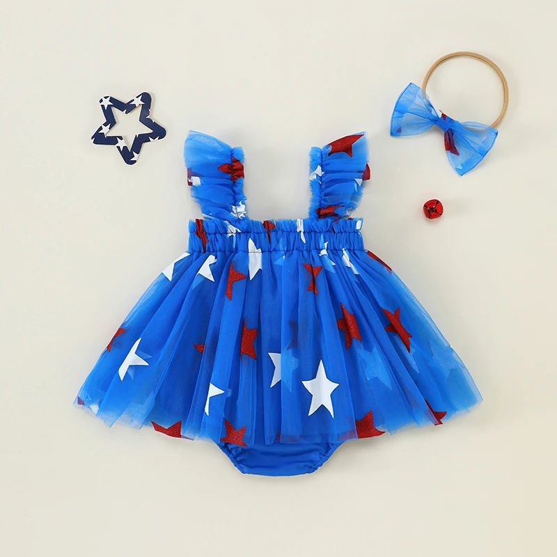 SUNSIOM Vestido mameluco para niña de 0 a 18 meses, 4 de julio, mono de tul sin mangas con estampado de estrellas y diadema con lazo - imagen 2