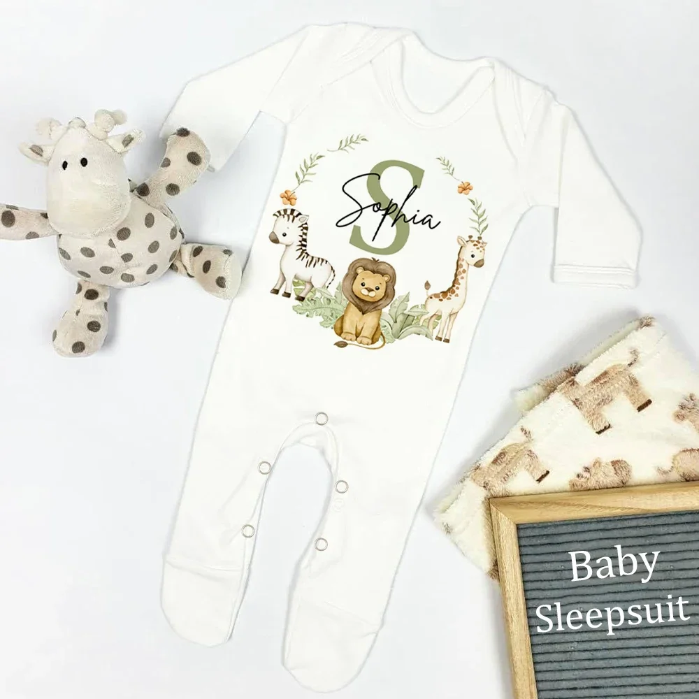 Pijama personalizado para bebé, traje de dormir con estampado de corona de animales del bosque, traje personalizado para bebé que viene a casa, regalo de ducha para recién nacido