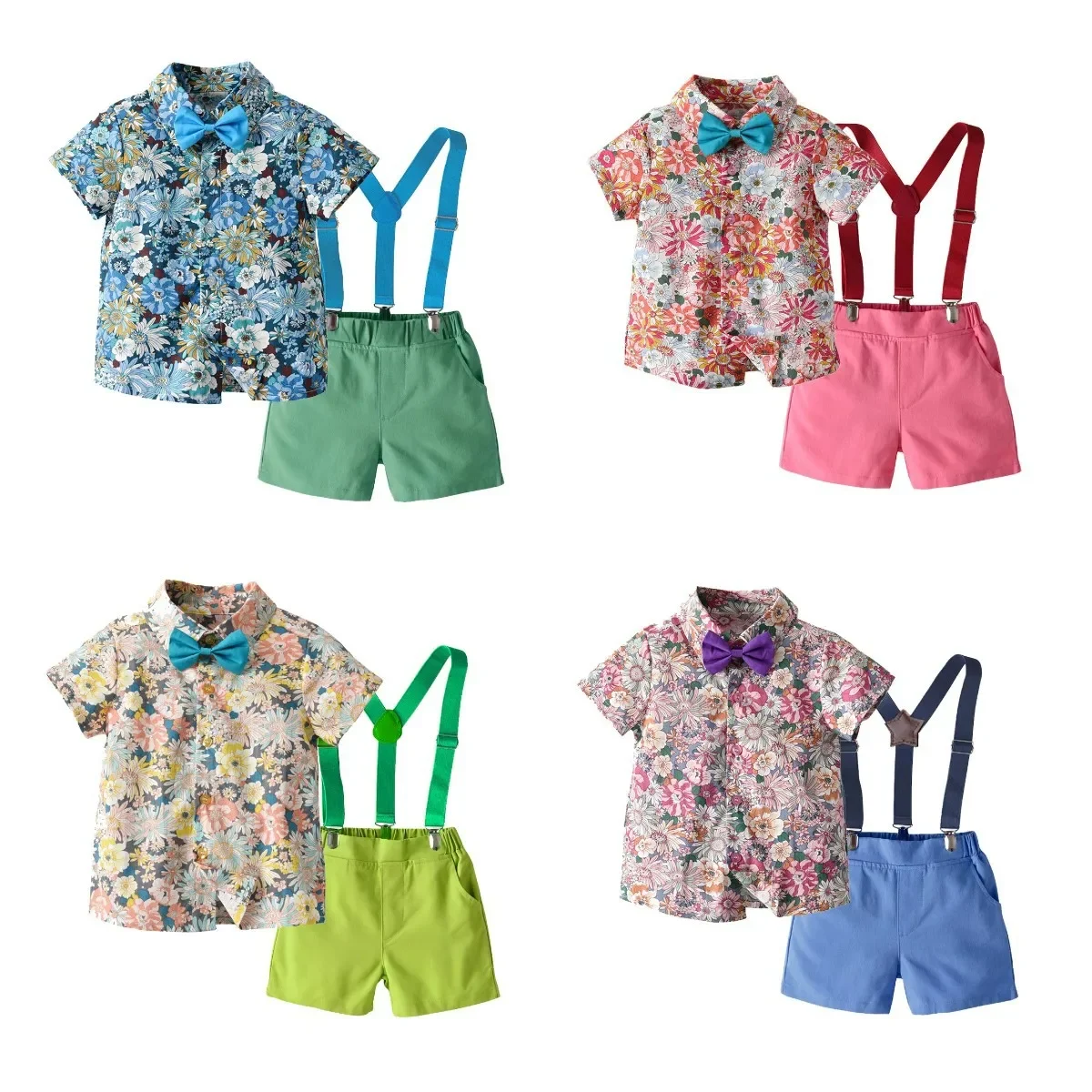 Traje infantil de verano con camisa floral y pajarita para niños - imagen 4