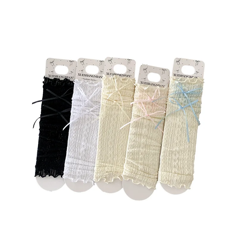 Calcetín de pantorrilla de encaje fino con volantes para chico y niña, cinta con lazo hueco de Ballet, calcetín de pila de moda coreana para niños, calcetín escolar transpirable - imagen 5