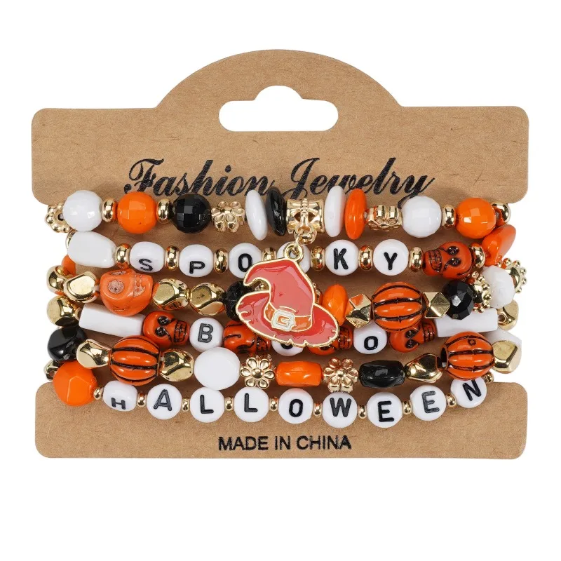 1/2 Uds pulsera de Halloween cristal Artificial pulsera de cuentas de cerámica suave calabaza fantasma sombrero de murciélago colgante pulsera de fiesta - imagen 2