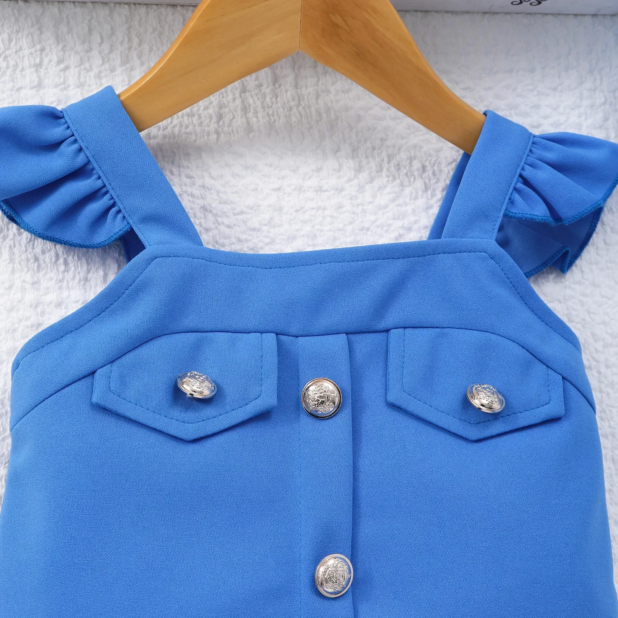 Nuevo conjunto azul para niños, ropa para niñas, chaleco bonito de verano + falda para niños pequeños, 2 uds., traje informal de moda para vacaciones para niños de 2 3 4 5 6 7 años - imagen 4