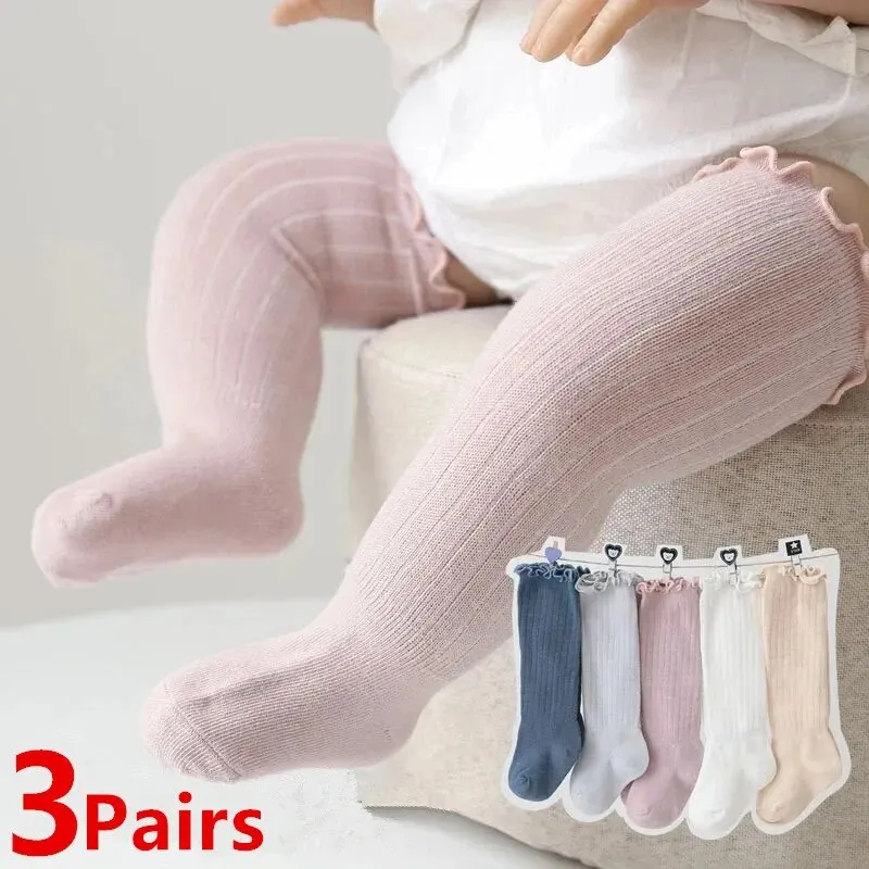 3 par/lote calcetines de encaje para niñas con volantes de algodón sólido largo hasta la rodilla calcetines para niños recién nacidos primavera niños volantes lindos Socken