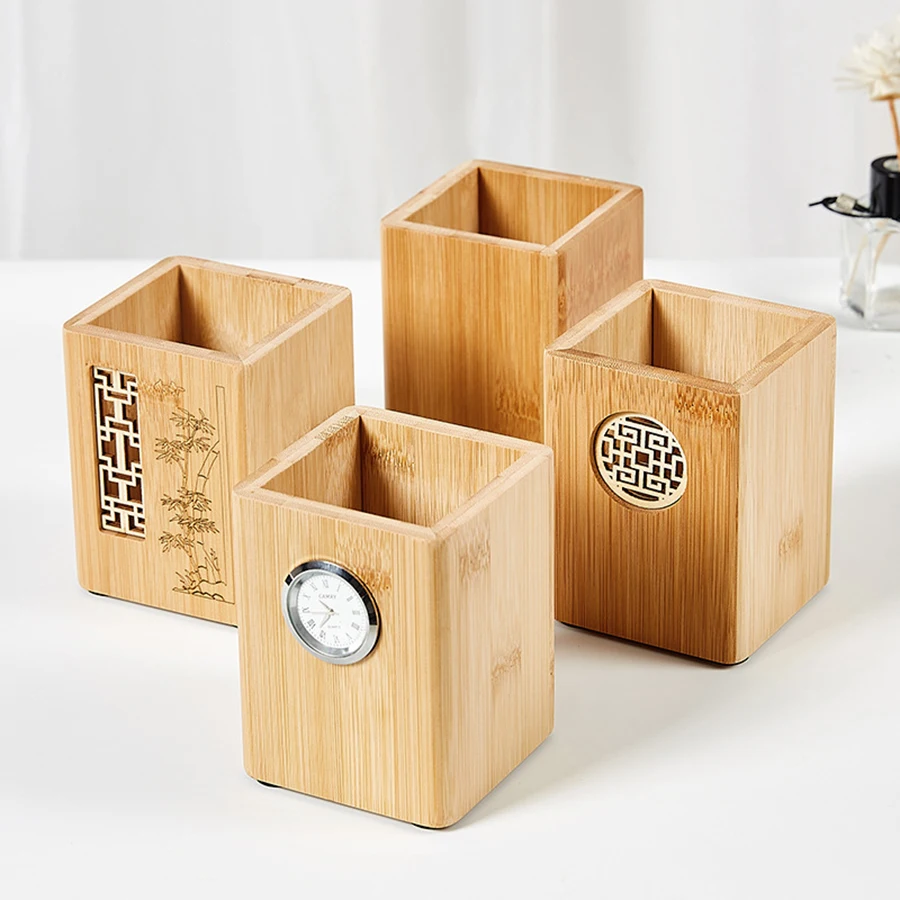 Portalápices multifuncional de madera maciza, organizador de escritorio Retro con grabado, caja de almacenamiento de oficina para lápices, 1 ud. - imagen 2