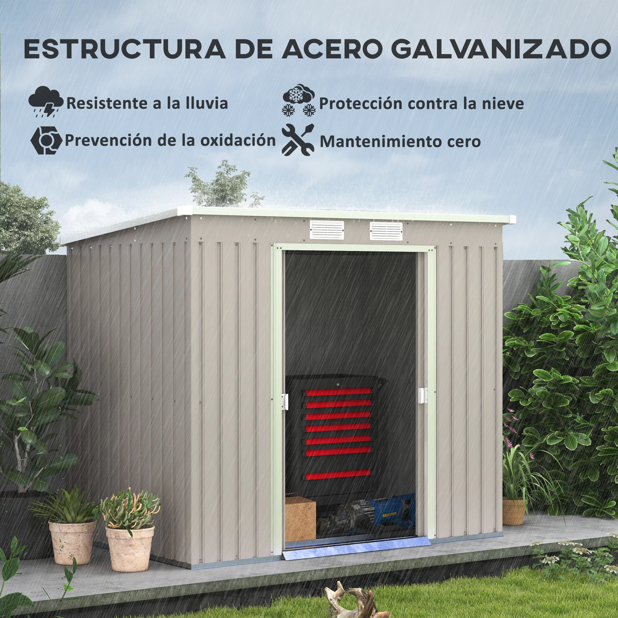 Outsunny Cobertizo de Jardín 213x130x172 cm Base de 2,42 m² Caseta de Exterior Metálica con 2 Puertas Correderas y 2 Ventanas - imagen 4