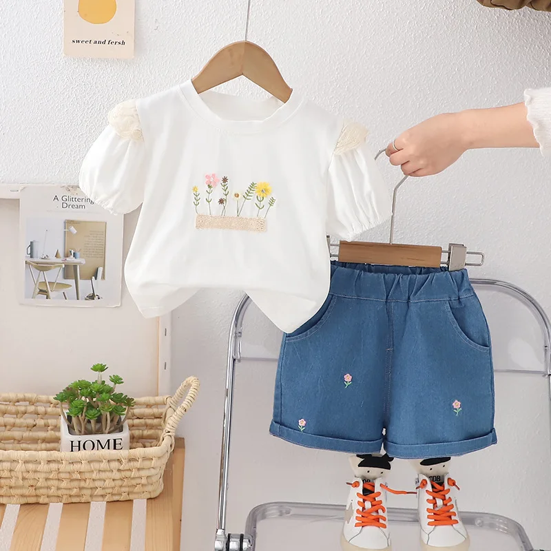 Nueva ropa de verano para bebés, traje para niñas, camiseta de manga corta, pantalones cortos, 2 unids/set, ropa para niños, disfraz informal de algodón para niños pequeños - imagen 3