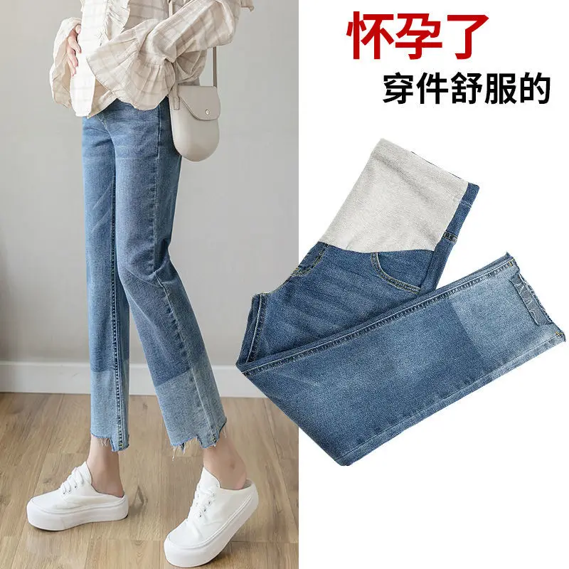 Las mujeres embarazadas rectas con jeans nuevas mujeres embarazadas muestran pantalones vaqueros elásticos finos primavera y otoño casual soporte del vientre pierna ancha ni - imagen 3